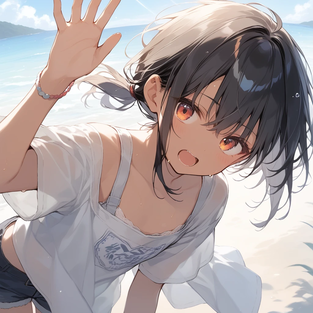 score_9, score_8_up, score_7_up, source_anime, best quality, masterpiece, official art, absurdres, highres, ultra-detailed,waifu2x,Collection: Slice of Life,break,1girl, tomboy, dark-skinned female, short hair, low ponytail, flat chest, beautiful detailed eyes, short shorts, sweat, open mouth, (yawn:0.3), sleepily, outdoors, wind,break,(clear line illustration:1.2), super detailed skin,very high resolution, very aesthetic, Best sexual lighting powered by famous artist, 8k,cute picture,beauty illustration,photoshop_(medium),,(Detailed Lighting),best anime 8k konachan wallpaper, pixiv contest winner,
