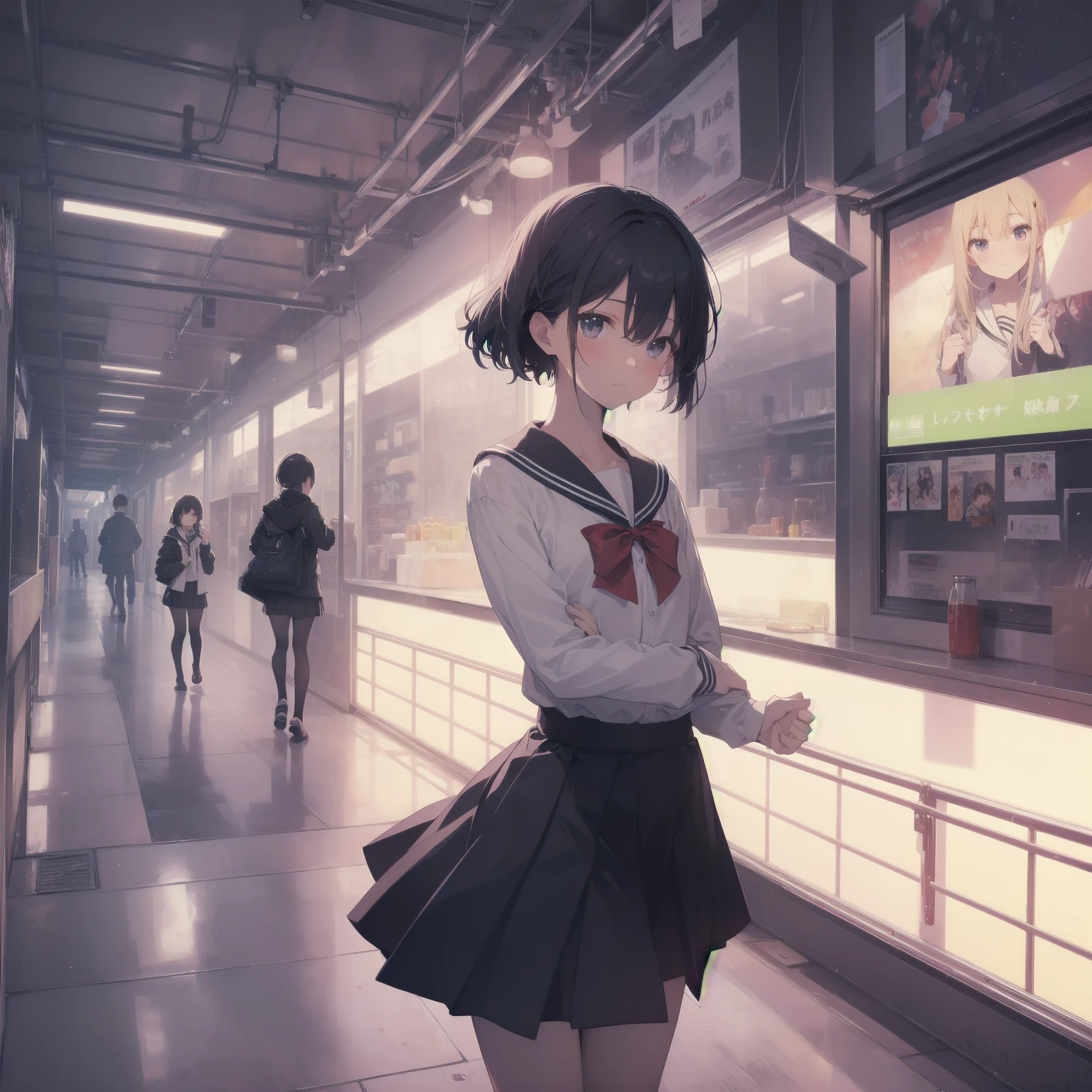 ultra-absurdres-Top quality by artist God, ultra-detailed, high resolution, anime moe artstyle, best anime 8k konachan wallpaper, pixiv contest winner, pool:2810, perfect anatomy,break, 1girl, (Please draw a girl walking sleepily to school alone. )break,(Solo,little female, 13-year-old:1.3),Full limbs, complete fingers,a junior high school student, (very short hair), short cut, flat chest, , small butt, small black eyes, beautiful detailed eyes, well-proportioned iris and pupils, expressive eyes, highres detailed hair, soft expression, salor school_uniform, sailor collar, serahuku, bow, pleated skirt,(Detailed Lighting), (Detailed background), in the School commute route. break,super detailed skin, Best cinematic lighting powered by famous artist, 8k,beauty illustration,photoshop_(medium),very aesthetic,break,((artist:gomashio_(goma_feet) )), artist:clamp ,artist:carnelian ,artist:kantoku ,