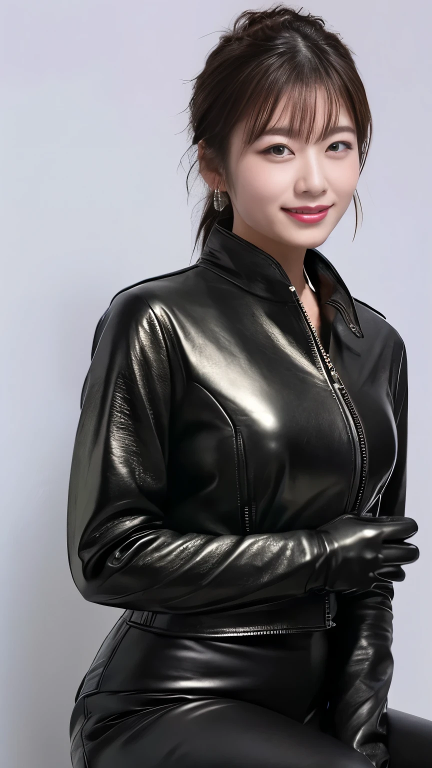 black leather rider jacket, , Black leather gloved fingertips on both hands,Wearing black leather gloves,Sitting in a black leather chair、 Japanese female new recruits (Black leather gloves cover both hands) (The angle is horizontal)、Black Leather Pants,Black Leather Black Leather Pants,Black Leather Skinny Pants、Long black leather boots on both feet、((He wears black leather gloves on his hands))Full Body Photo,full body shot full body full body leather suit,☺If you turn in this direction。Wearing black leather gloves,Wearing black leather gloves,Wearing black leather gloves,Wearing black leather gloves,Wearing black leather gloves,Wearing black leather gloves,黒のレザーパンツが美しい😍黒のレザーパンツが美しい😍黒のレザーパンツが美しい,😍Smiling while looking at me,City lights、Life-size　(Neon Light)、Detailed lighting Best image quality、Ultra-high resolution、(realism:1.4)、Japanese Beauty Star、The most beautiful JPOP stars、face、Horny Korean Makeup、A body that makes you want to touch it、Realistic leather texture、Costume made of smooth leather fabric、The drape of the curved parts of the leather fabric、The costume is very shiny、Quality of the costume、8K Photo Quality