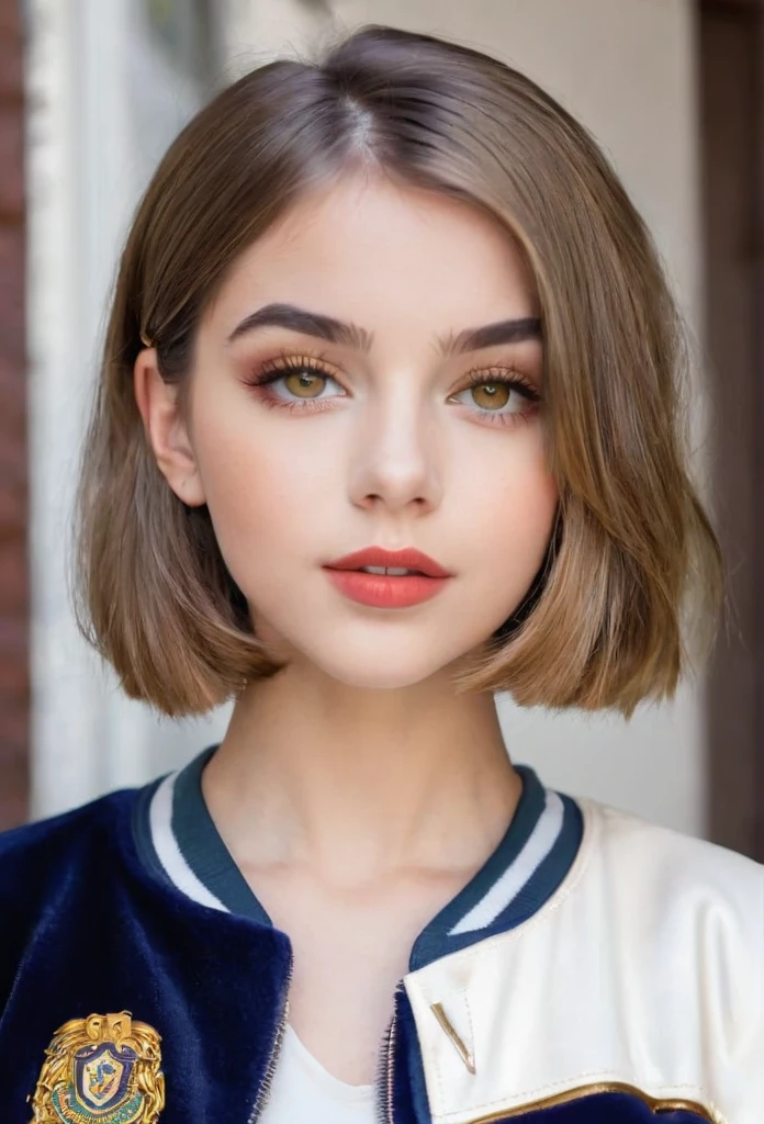 Beautiful ****************, named Sofia, beautiful golden eyes, detailed eyes, MID-HEIGHT bob  haircut, mermeland lips, sexy, detailed face, university jacket, in the background happy birthday.