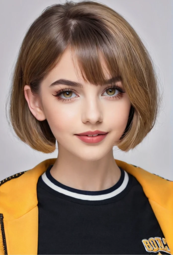 Beautiful -yeld gi named Sofia, beautiful golden eyes, detailed eyes, MID-HEIGHT bob haircut, mermeland lips, sexy, detailed face, university jacket, in the background happy birthday.