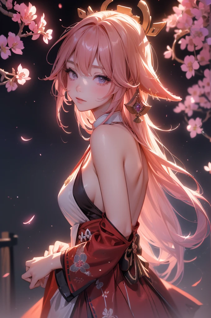 ((yaemikodef)):1.5, ((masterpiece,Highest quality,Highly detailed images,Beautiful images、Dutch Angle)), (In front of the cherry tree、Close-up image of yaemiko、Overall dim lighting、Backlight、Strong backlighting、Fantastic dark atmosphere、Thick Fog、Dust flutters),(Dynamic pose)1.2, sideboob