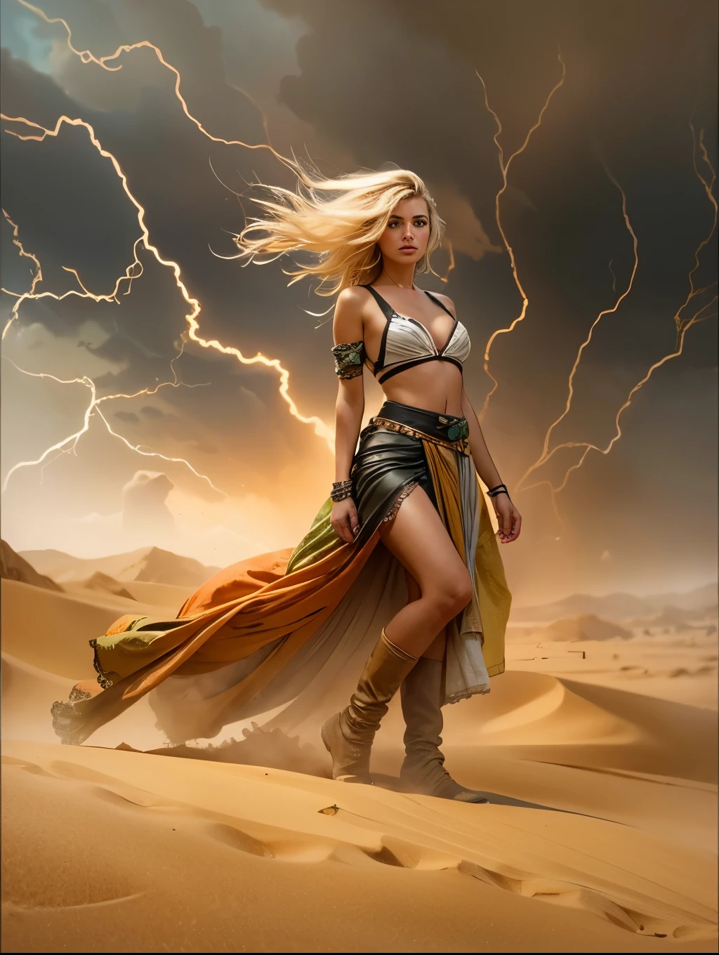 (masterpiece), cartoon, best quality,(photo_(medium):1.0), by Antonio J. Manzanedo, by Jeremy Lipking, lightning, in a surreal sand desert landscape, (sand storm).painting style with watercolor, Brushstrokes, black eyes,colorful,vibrant colors,1 ultra hot gorgeous European woman. Blonde hair. Large breast. Cleavage. Casual clothes.