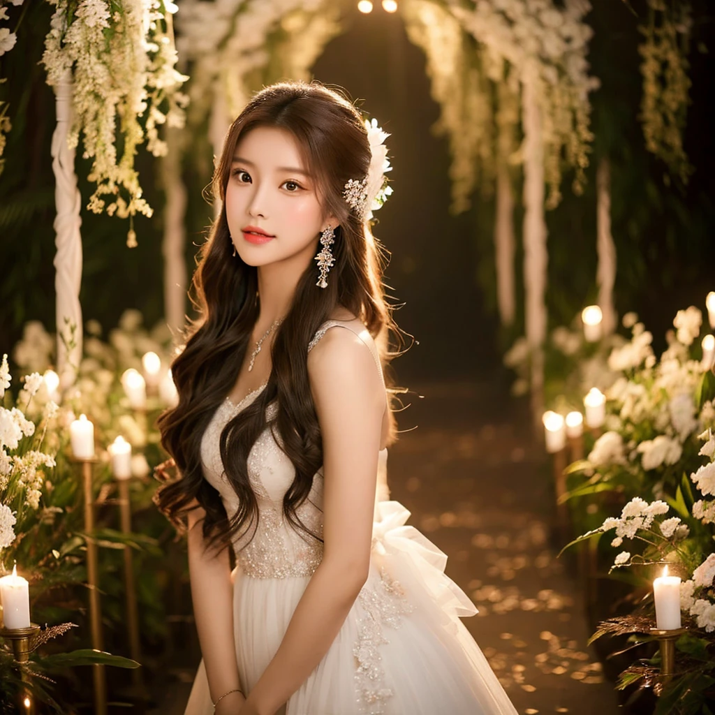 Generate an image of an extraordinarily beautiful 20-year-old Asian woman standing alone, whose beauty rivals that of a goddess of the fire element. She has large brown eyes, dark brown hair, glowing skin, and a captivating appearance. She is wearing a stunning white wedding dress that accentuates her elegance. The woman stands charmingly alone, her beauty appearing as if blessed by nature, in a very romantic and lovely aisle adorned with flowers and soft lighting, exuding a magical and serene atmosphere.