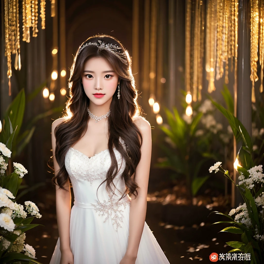 Generate an image of an extraordinarily beautiful 20-year-old Asian woman standing alone, whose beauty rivals that of a goddess of the fire element. She has large brown eyes, dark brown hair, glowing skin, and a captivating appearance. She is wearing a stunning white wedding dress that accentuates her elegance. The woman stands charmingly alone, her beauty appearing as if blessed by nature, in a very romantic and lovely aisle adorned with flowers and soft lighting, exuding a magical and serene atmosphere.