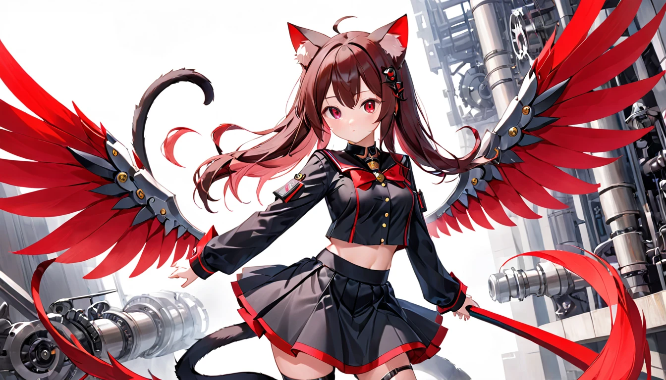 A cat-eared girl with modest chest, with mesmerizing eyes, wearing a black and red uniform-like outfit with a skirt, featuring mechanical wings.
