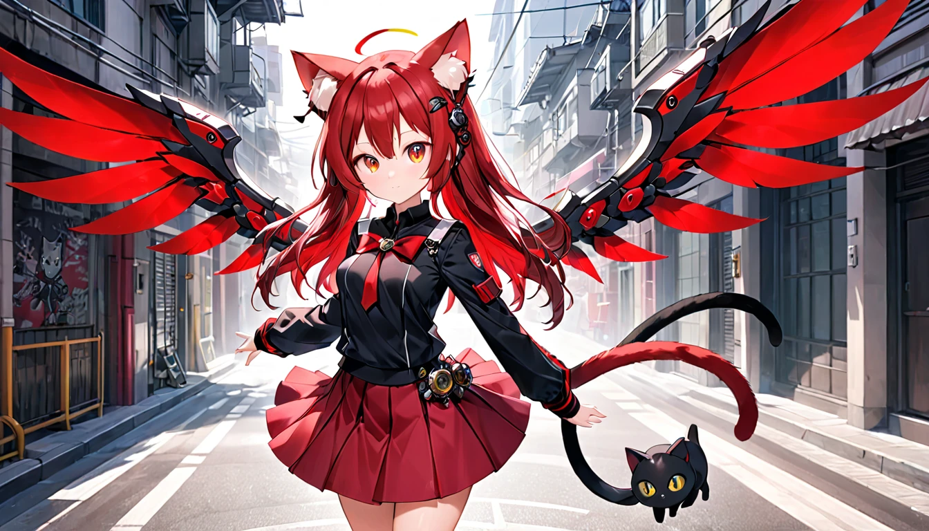 A cat-eared girl with modest chest, with mesmerizing eyes, wearing a black and red uniform-like outfit with a skirt, featuring mechanical wings.