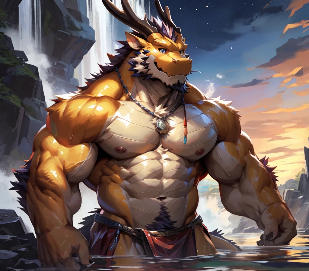 ((best quality)), ((masterpiece)), (ultra detailed),perfect face,antro oriental dragon:2.5, male , (((chinese dragon))):2.5, (((eastern dragon))):2.5,((yellow body)), (strong beefy muscular body), (abs, strongmuscles, 8 pack), furry, handsome,Beautiful and delicate eyes, (ultra detailed eyes, (mauve color):0.2 eyes, sharp eyes), night, detailed scene,full body, shirtless, topless, pink nipples, (by null-ghost,by traver009,by lindong,by pino daeni), (full body), wearing random pattern necklace, claws, ((fluffy fur, fluffy, furry body)), majestic, (a pair of dragon antler), upper body naked, muscular male, (loincloth, with purple pattern :0.8), big fellow, huge body, handsome,handsome, majestic, barbarous, anime, hairy, male, by the waterfall, bathing, full body,(Great physique), sweating:1.8