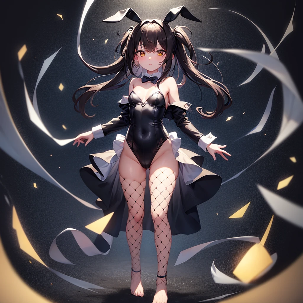 ((Bunny girl)),Dropped ears,(Fishnet tights),(barefoot),Cute little ,Tiny , girl,,Childish face, Very fine clean face,Top quality,Black Hair,(Dark Room), Subtle light, Natural light,Soft lighting,Light from directly behind, (Are standing),With bust up,Front view,Black background