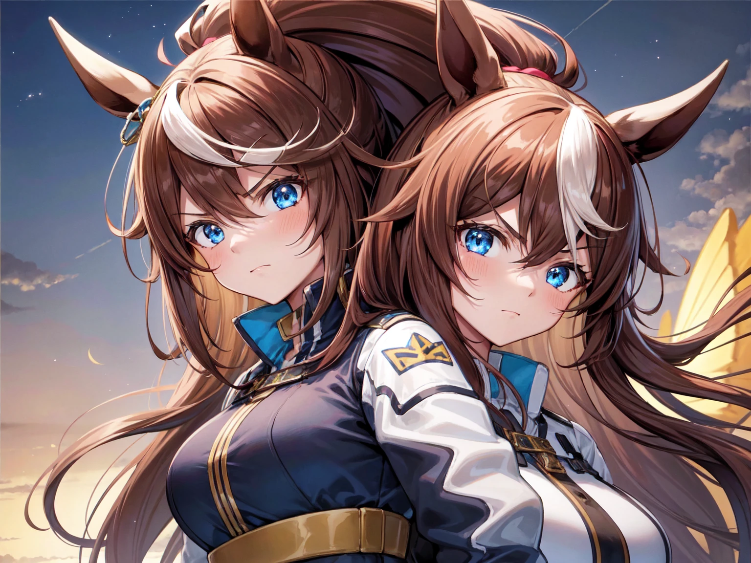1girl,Tokai Teio, horse ears, brown hair, long hair, high ponytail, streaked hair, multicolored hair, blue eyes, big breast, mecha musume, mechanical wing, serious face,
