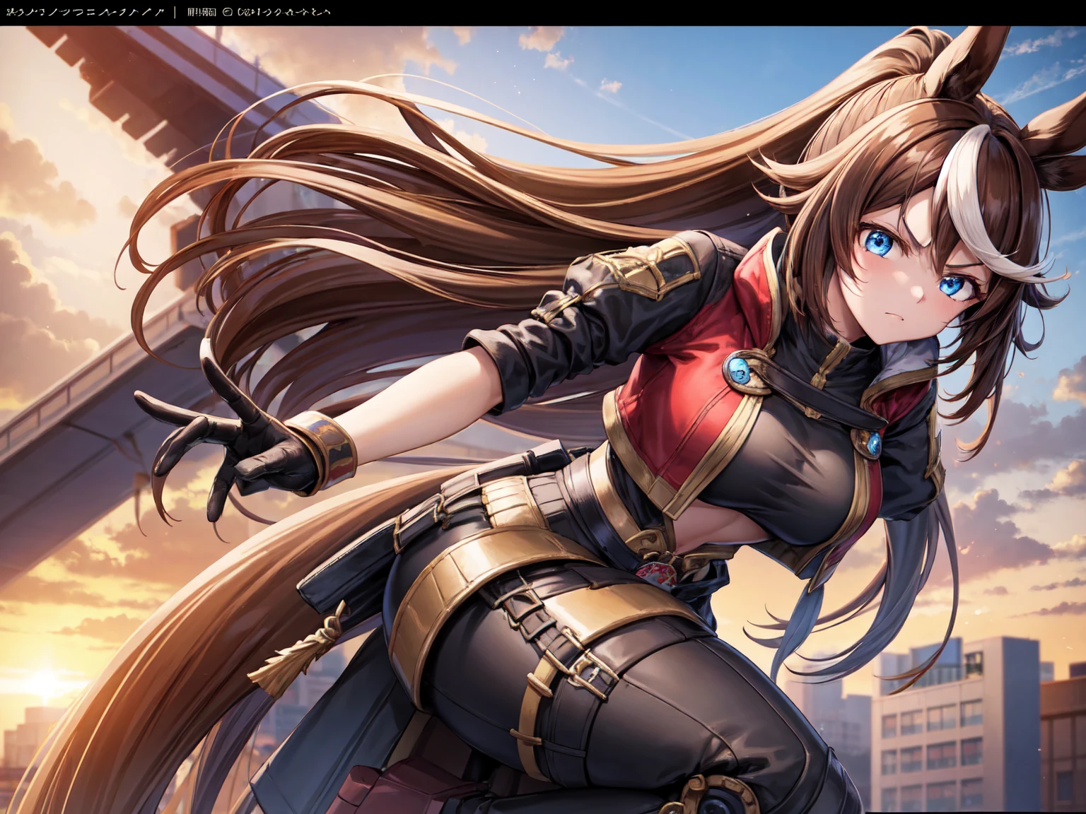 1girl,Tokai Teio, horse ears, brown hair, long hair, high ponytail, streaked hair, multicolored hair, blue eyes, big breast, mecha musume, mechanical wing, serious face,