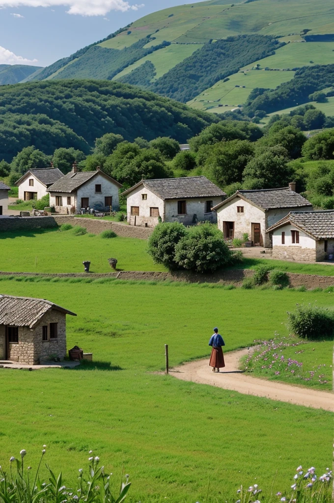 Village Life**: A serene image of a small village with fields, traditional houses, and villagers going about their daily routines.