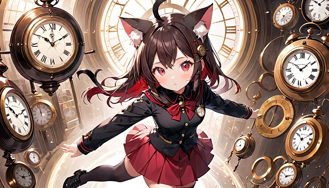 A cat-eared girl with modest chest, with mesmerizing eyes, in a black and red uniform-like outfit with a skirt, and a time-traveling clock.