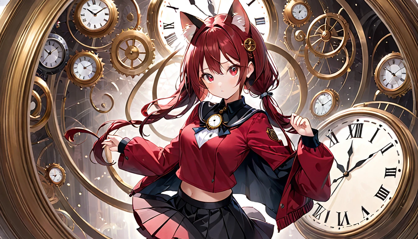 A cat-eared girl with modest chest, with mesmerizing eyes, in a black and red uniform-like outfit with a skirt, and a time-traveling clock.
