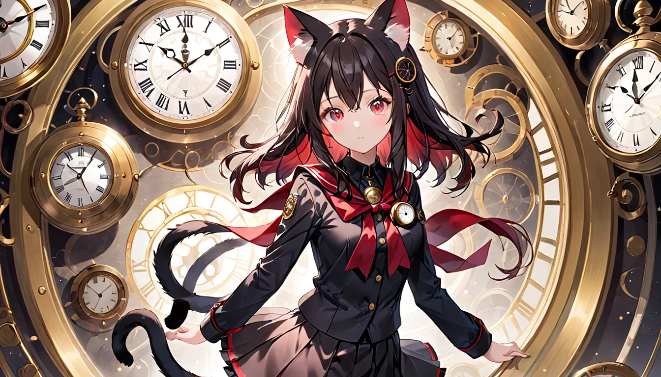 A cat-eared girl with modest chest, with mesmerizing eyes, in a black and red uniform-like outfit with a skirt, and a time-traveling clock.