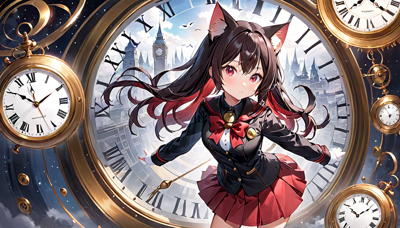 A cat-eared girl with modest chest, with mesmerizing eyes, in a black and red uniform-like outfit with a skirt, and a time-traveling clock.
