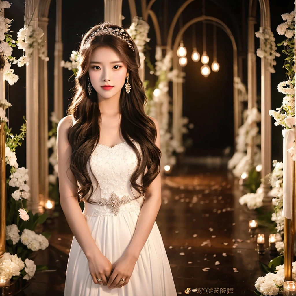 Generate an image of an extraordinarily beautiful 20-year-old Asian woman standing alone, whose beauty rivals that of a goddess of the fire element. She has large brown eyes, dark brown hair, glowing skin, and a captivating appearance. She is wearing a stunning white wedding dress that accentuates her elegance. The woman stands charmingly alone, her beauty appearing as if blessed by nature, in a very romantic and lovely aisle adorned with flowers and soft lighting, exuding a magical and serene atmosphere.