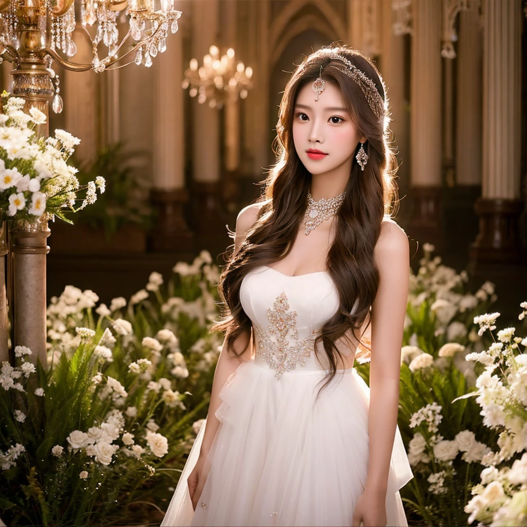 Generate an image of an extraordinarily beautiful 20-year-old Asian woman standing alone, whose beauty rivals that of a goddess of the fire element. She has large brown eyes, dark brown hair, glowing skin, and a captivating appearance. She is wearing a stunning white wedding dress that accentuates her elegance. The woman stands charmingly alone, her beauty appearing as if blessed by nature, in a very romantic and lovely aisle adorned with flowers and soft lighting, exuding a magical and serene atmosphere.