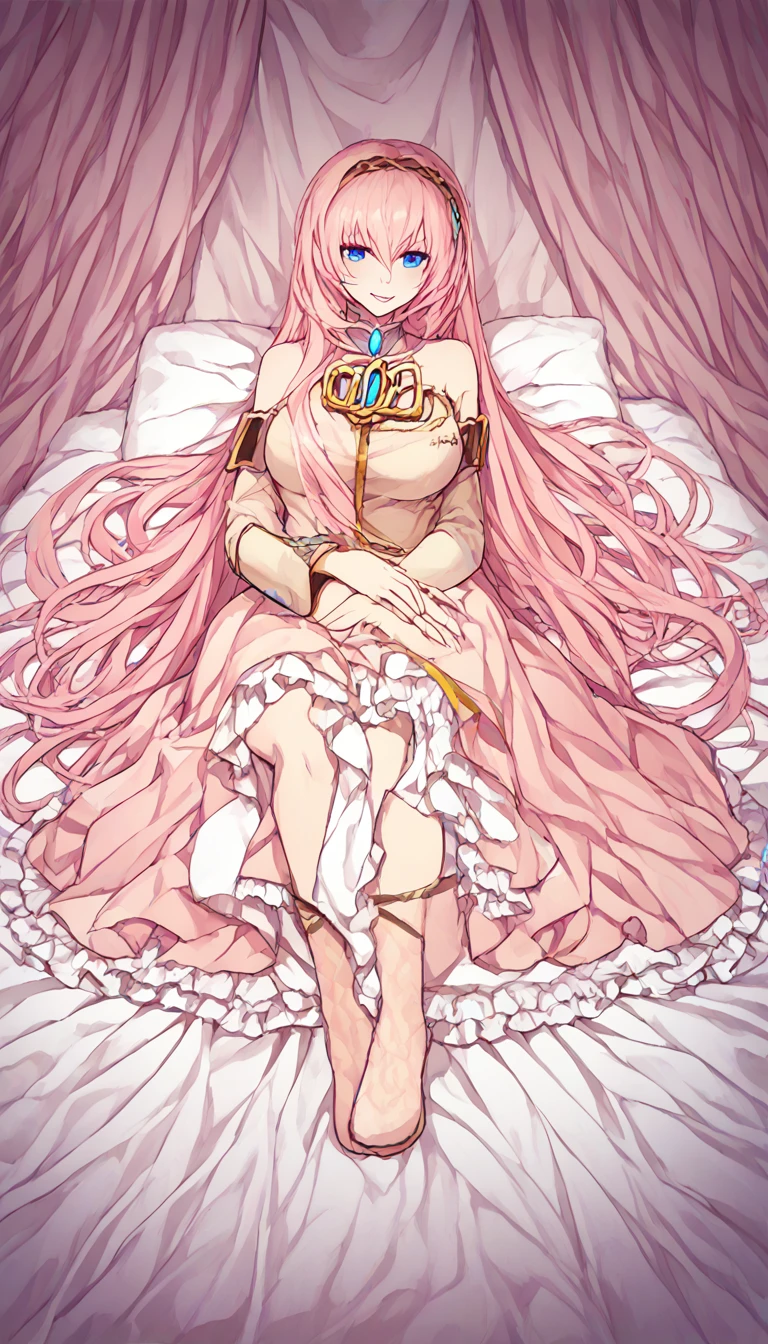 Official Art:1.5,1Man Beautiful Adult Woman,Vocaloid Megurine Luka:2.0,Pink long hair,blue eyes,Big Breasts,lure:2.0,bed,