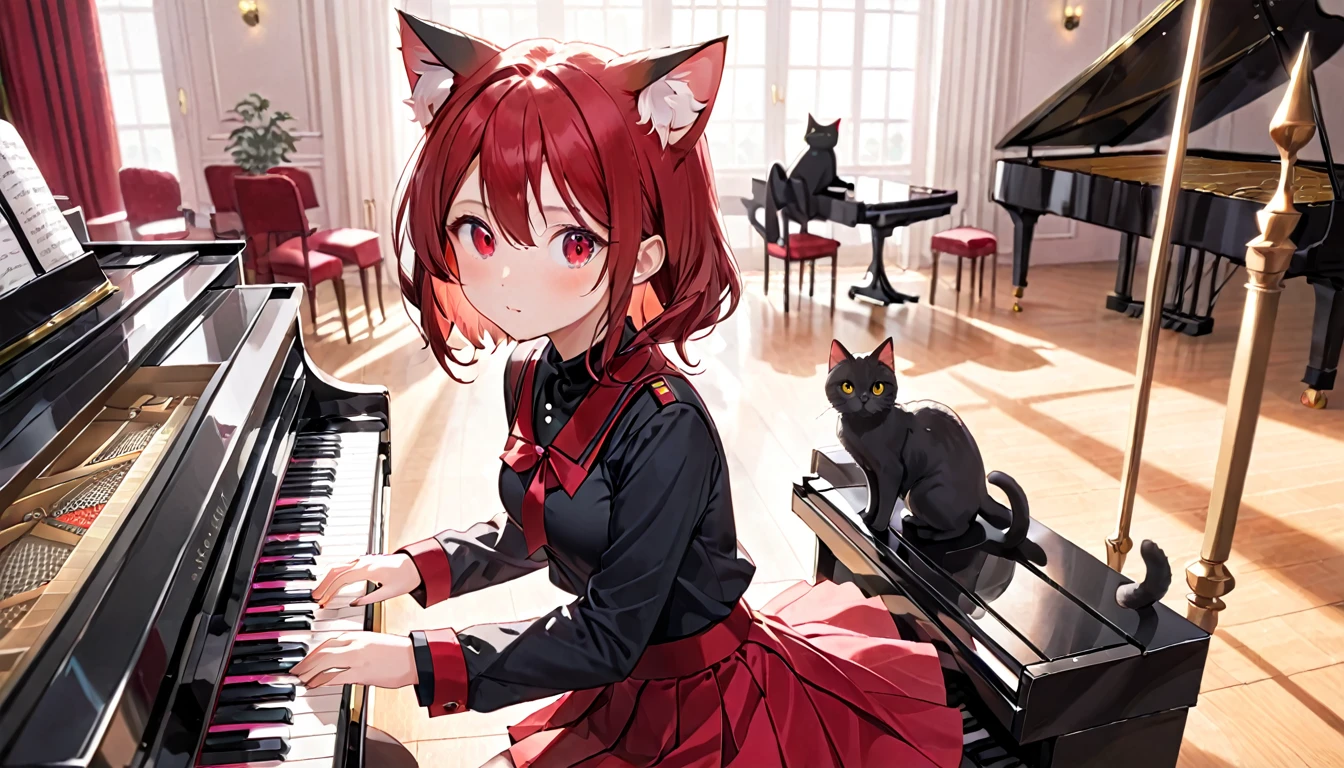 A cat-eared girl with modest chest, with mesmerizing eyes, wearing a black and red uniform-like outfit with a skirt, playing a piano.