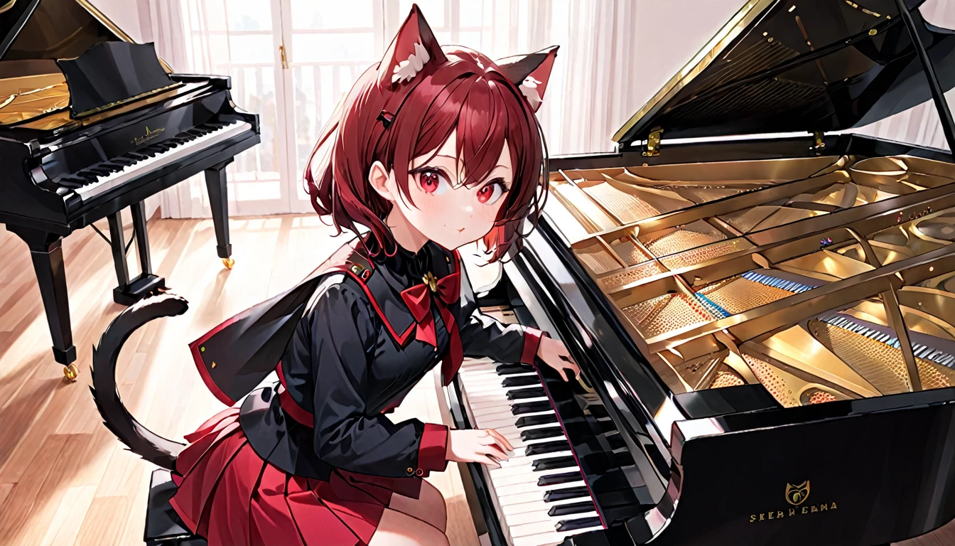 A cat-eared girl with modest chest, with mesmerizing eyes, wearing a black and red uniform-like outfit with a skirt, playing a piano.
