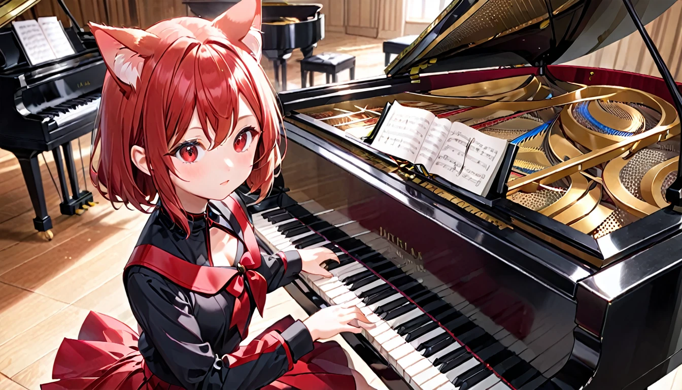 A cat-eared girl with modest chest, with mesmerizing eyes, wearing a black and red uniform-like outfit with a skirt, playing a piano.
