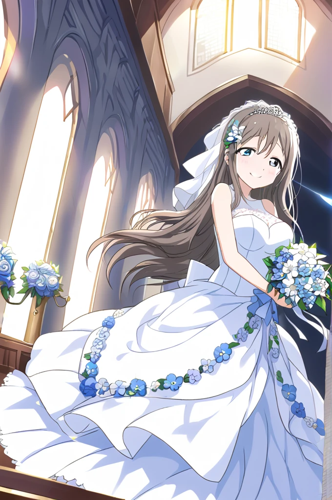 Sakurazaka Shizuku Black brown hair Long Hair Light blue eyes whole body White Wedding Dress High quality Light blue flower bouquet smile Light blue flower decoration Large breasts Light blue floral hair ornament Outside the church Sunny sky Shining Tears of joy
