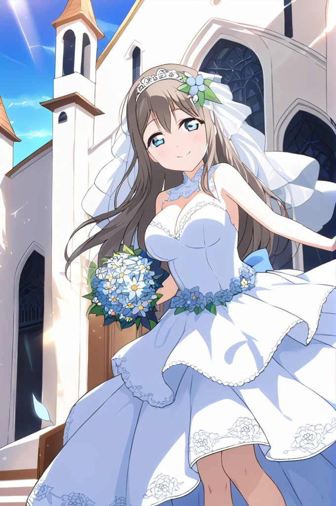 Sakurazaka Shizuku Black brown hair Long Hair Light blue eyes whole body White Wedding Dress High quality Light blue flower bouquet smile Light blue flower decoration Large breasts Light blue floral hair ornament Outside the church Sunny sky Shining Tears of joy