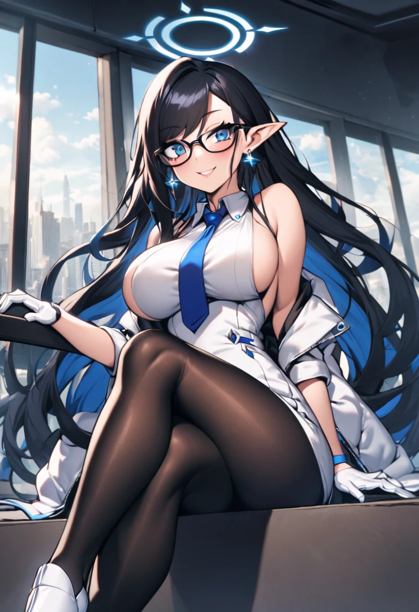 noodlenood style, 1girl, halo, breasts, solo, pointy_ears, pantyhose, high_heels, long_hair, necktie, sitting, black_hair, blue_eyes, blue_necktie, large_breasts, white_gloves, earrings, glasses, gloves, jewelry, eyewear_removed, looking_at_viewer, black_pantyhose, bangs, parted_lips, crossed_legs, jacket, sideboob, sleeveless, smile, very_long_hair, window, dress, hand_on_own_knee, cityscape, white_footwear, blue_hair, indoors, half_gloves, swept_bangs, white_dress, jacket_on_shoulders, blush, bare_shoulders, white_jacket