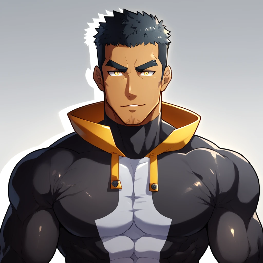 anime characters:Gyee, Muscle Sports Student, negro black skin, 1 dark skin muscular tough guy, Manliness, male focus, Light yellow high collar long sleeve tight T-shirt, Slightly transparent material, Very tight, Round, full and perky chest muscles, Slightly transparent, muscular male, muscular, only, Upper body, alone, Black short hair, Thick eyebrows, stubble, Yellow eyes, Grey background, simple background, amazing quality, best aesthetics, Ridiculous, bright pupils, crew cut, parted lips, seductive smile, torogao, naughty face, drop shadow, best quality