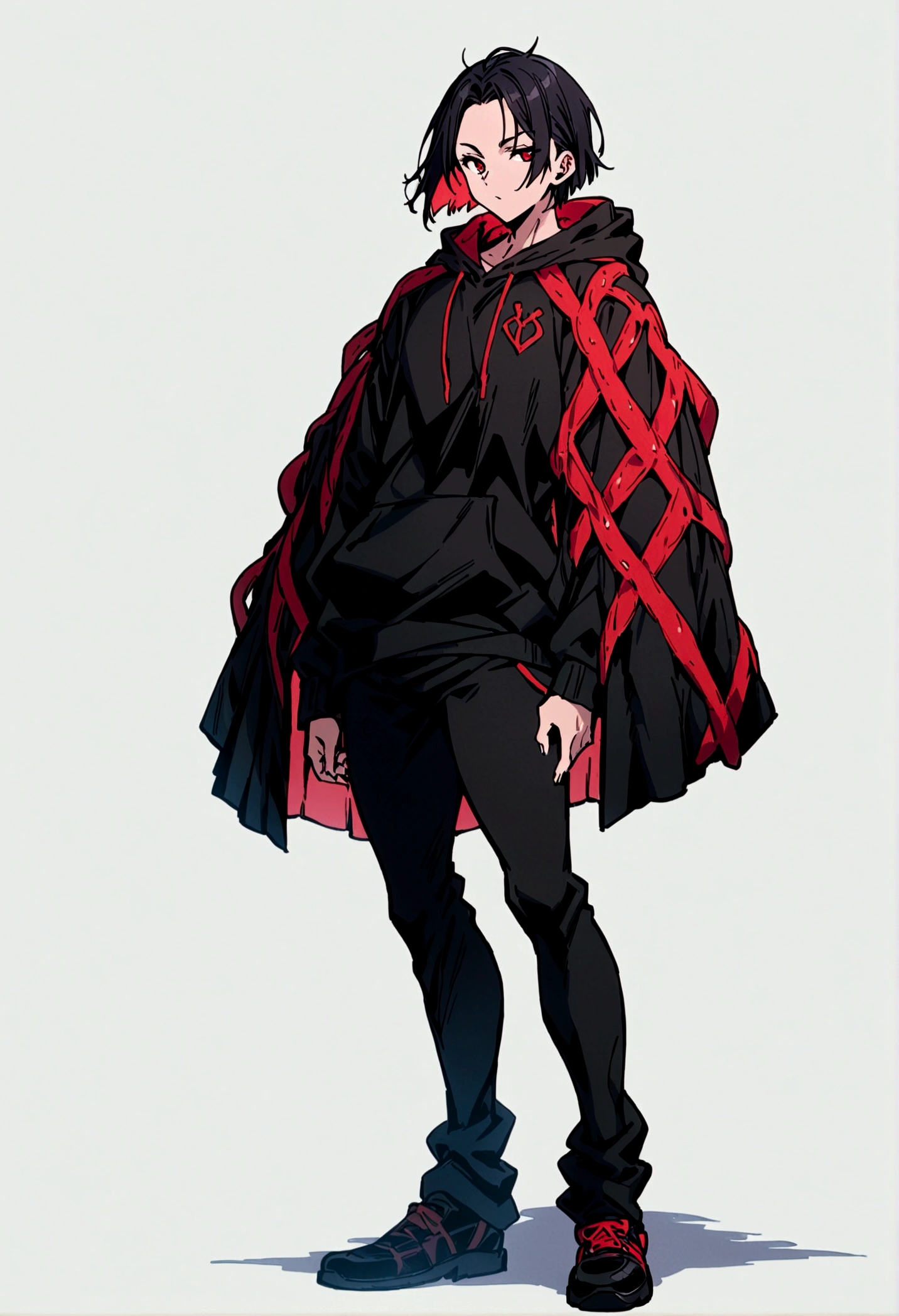 fullbody,masterpiece,standing,black hoodie,black black short hair,red eyes,adult,1boy,solo,white background,standing straight,fullbody,parted bangs