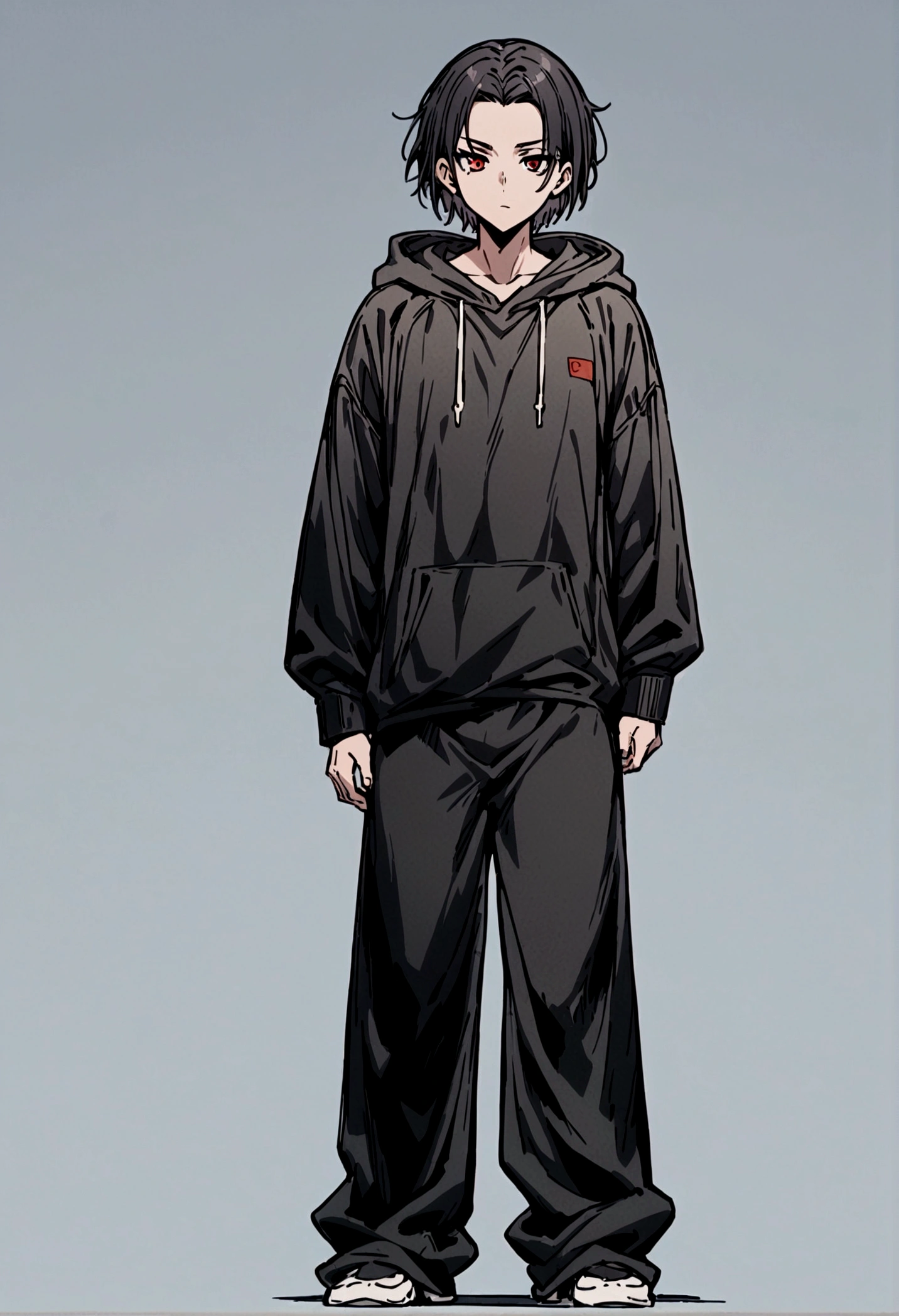 fullbody,masterpiece,standing,black hoodie,black black short hair,red eyes,adult,1boy,solo,white background,standing straight,fullbody,parted bangs