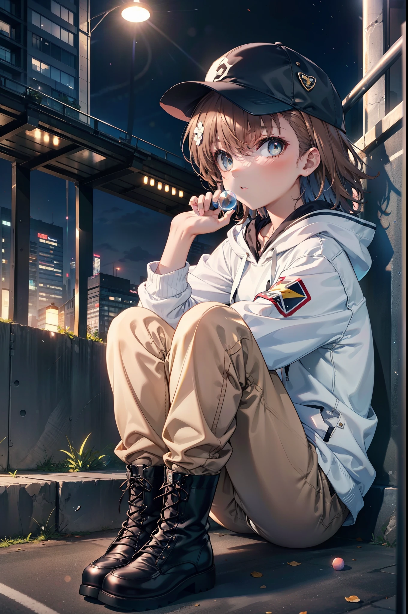 Mycotrose, Brown eyes,Brown Hair,short hair,Small breasts,Oversized black hoodie,Baseball hats,Shorts,boots,Both hands are in the pockets of the hoodie,Blowing bubble gum,Sitting on the stairs,night,moonlight,whole bodyがイラストに入るように,　　　　　　　　　　　　　　　　　 　　　break looking at viewer, whole body,　　　 　　　　　　break outdoors, Building district,　　　　　　　　　　　　　　　　　　break (masterpiece:1.2), Highest quality, High resolution, unity 8k wallpaper, (shape:0.8), (Beautiful and beautiful eyes:1.6), Highly detailed face, Perfect lighting, Highly detailed CG, (Perfect hands, Perfect Anatomy),