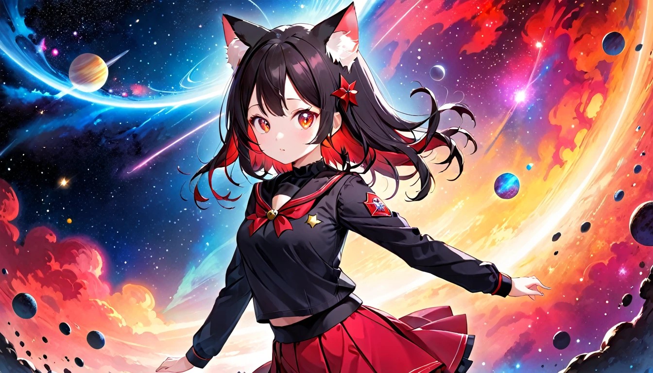 A cat-eared girl with modest chest, with mesmerizing eyes, dressed in a black and red uniform-like outfit with a skirt, in a cosmic background.