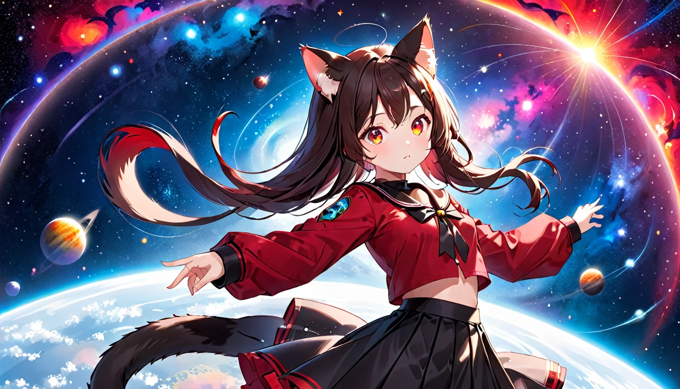 A cat-eared girl with modest chest, with mesmerizing eyes, dressed in a black and red uniform-like outfit with a skirt, in a cosmic background.
