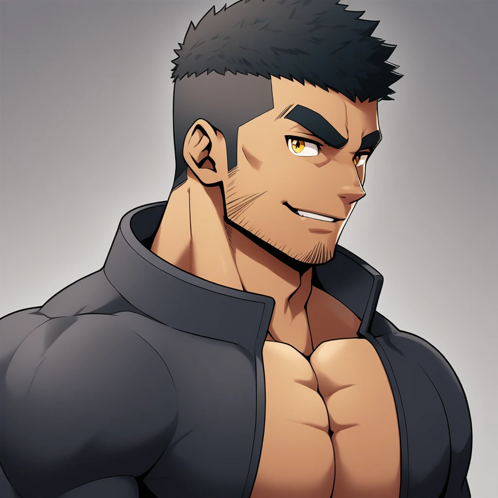 anime characters:Gyee, Muscle Sports Student, negro black skin, 1 dark skin muscular tough guy, Manliness, male focus, Dark grey high collar long sleeve wetsuit, Matte texture, Very tight, Round, full and perky chest muscles, Slightly transparent, muscular male, muscular, only, Upper body, alone, Black short hair, Thick eyebrows, stubble, Yellow eyes, Grey background, simple background, amazing quality, best aesthetics, Ridiculous, bright pupils, crew cut, parted lips, seductive smile, torogao, naughty face, best quality