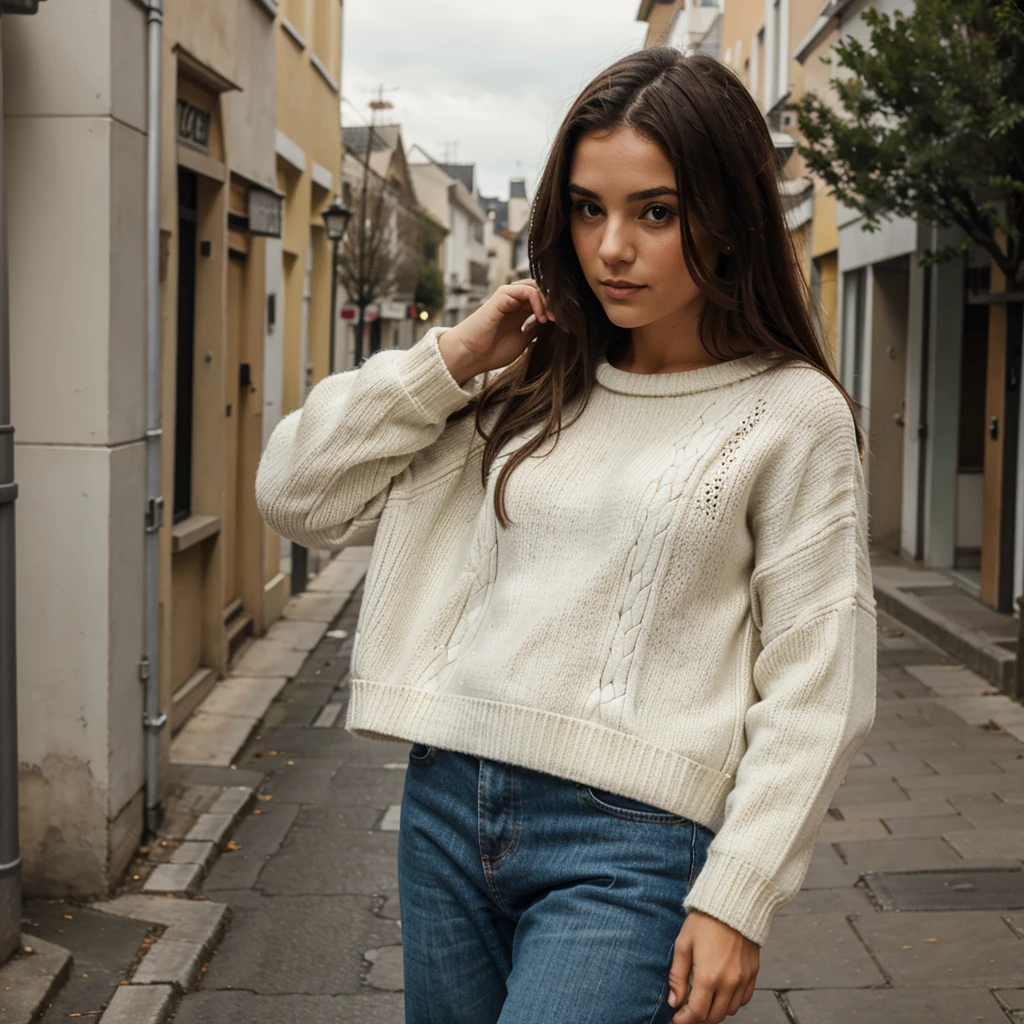 Fille avec pull col V qui marche