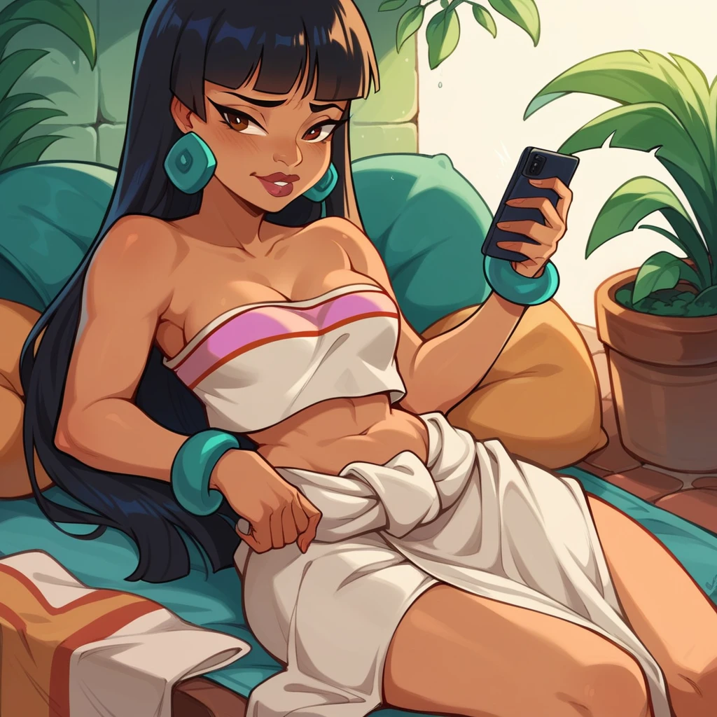score_9_presence, score_8_up, chel, el dorado, wrapped in towel, medium breasts, holding phone