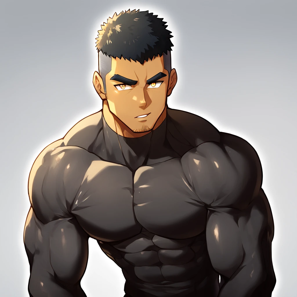 anime characters:Gyee, Muscle Sports Student, negro black skin, 1 dark skin muscular tough guy, Manliness, male focus, Light yellow high collar long sleeve tight T-shirt, Slightly transparent material, Very tight, Round, full and perky chest muscles, Slightly transparent, muscular male, muscular, only, Upper body, alone, Black short hair, Thick eyebrows, stubble, Yellow eyes, Grey background, simple background, amazing quality, best aesthetics, Ridiculous, bright pupils, crew cut, parted lips, seductive smile, torogao, naughty face, drop shadow, best quality