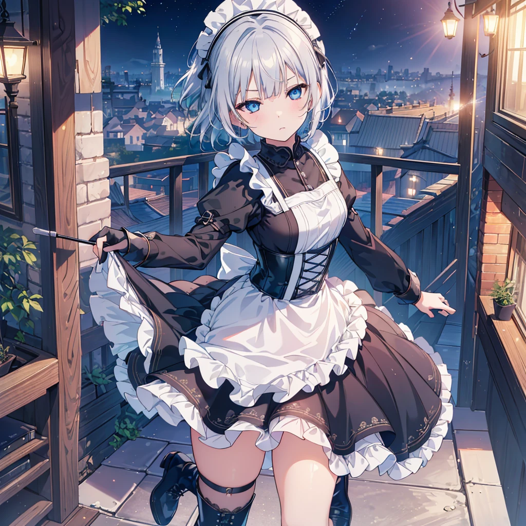 Perfect Human Medicine, {{{{{Maid clothes}}}}},Small Tits,Anime Assortment,Cool,cyber punk,{{{{{50 year old woman}}}}} ,{{{{{a person is depicted}}}}},(Official Art、{{{{{Upper Bodyアングル}}}}},Highest quality、Unity 8k wallpaper、32k、masterpiece、Ultra-detailed、Ultra-high resolution, Realistic、Recall,Grab your hair with your hands, Photorealistic:1.2)、(Cinema Lighting:1.2)、,Fire Glow Effect、The most grainy shadows on the film、Rim Light、Side light、Side Shot、(Ultra-detailedで複雑な3Dレンダリング)、Very short hair, Short wolf hair,細部までBeautiful Faceと目、Sharp pupils、Realistic生徒、Slender、１men and women、、white maid hat, Highly detailed background、Beautiful Face、Beautiful 16 year old girl、(Ultra-detailedなスキン、Detailed skin texture:1.Silver Hair:1.3)、Blunt bangs、blue eyes、{{{{{黒いMaid clothes}}}}}、White apron costume、Black knee socks、(Thighs Thighs Thighs Thighs:0.8)、Black Bhutan stick and beautiful night sky、Medieval city at night、On the roof of the tower:1.4)、(avert your eyes、Overlooking the city:1.3)、Fantastic、Expressionless,Makes your face smaller,(Tabletop), Highest quality, Expressionlessな目, Perfect Face, 1 Girl, alone, Eye color is light blue, Hair between the eyes, Very Short Hair, blue eyes, Silver Hair, Two-tone eyes, Knee-high boots, Archery Shooting Gloves, badge, corset,Black gloves, Long sleeve, Futuristic floating city, Upper Body,