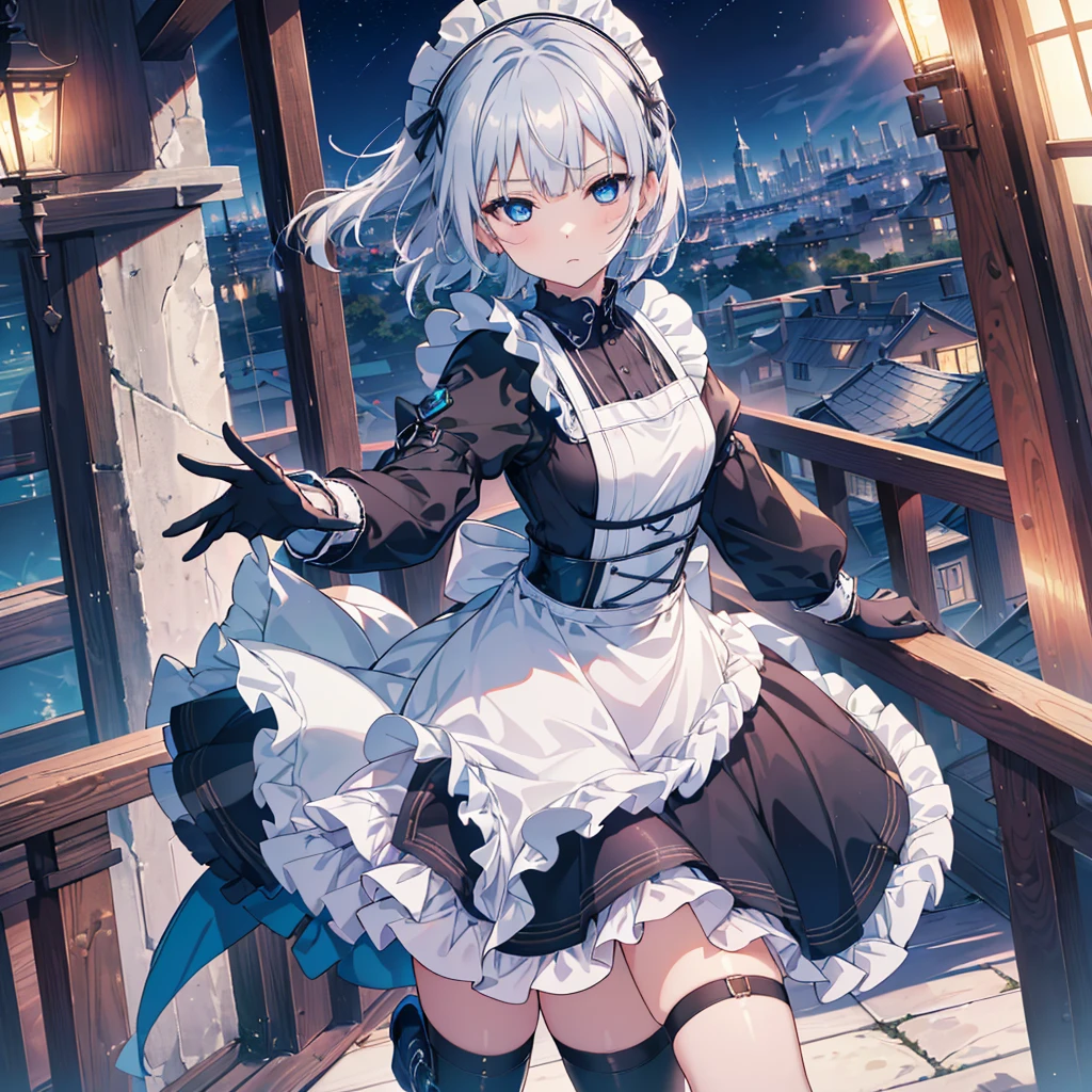 Perfect Human Medicine, {{{{{Maid clothes}}}}},Small Tits,Anime Assortment,Cool,cyber punk,{{{{{50 year old woman}}}}} ,{{{{{a person is depicted}}}}},(Official Art、{{{{{Upper Bodyアングル}}}}},Highest quality、Unity 8k wallpaper、32k、masterpiece、Ultra-detailed、Ultra-high resolution, Realistic、Recall,Grab your hair with your hands, Photorealistic:1.2)、(Cinema Lighting:1.2)、,Fire Glow Effect、The most grainy shadows on the film、Rim Light、Side light、Side Shot、(Ultra-detailedで複雑な3Dレンダリング)、Very short hair, Short wolf hair,細部までBeautiful Faceと目、Sharp pupils、Realistic生徒、Slender、１men and women、、white maid hat, Highly detailed background、Beautiful Face、Beautiful 16 year old girl、(Ultra-detailedなスキン、Detailed skin texture:1.Silver Hair:1.3)、Blunt bangs、blue eyes、{{{{{黒いMaid clothes}}}}}、White apron costume、Black knee socks、(Thighs Thighs Thighs Thighs:0.8)、Black Bhutan stick and beautiful night sky、Medieval city at night、On the roof of the tower:1.4)、(avert your eyes、Overlooking the city:1.3)、Fantastic、Expressionless,Makes your face smaller,(Tabletop), Highest quality, Expressionlessな目, Perfect Face, 1 Girl, alone, Eye color is light blue, Hair between the eyes, Very Short Hair, blue eyes, Silver Hair, Two-tone eyes, Knee-high boots, Archery Shooting Gloves, badge, corset,Black gloves, Long sleeve, Futuristic floating city, Upper Body,