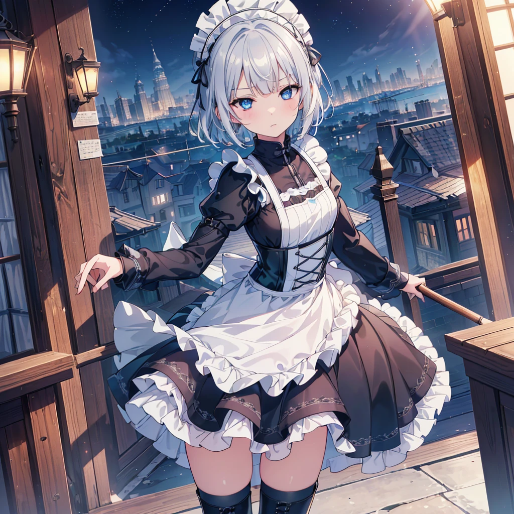 Perfect Human Medicine, {{{{{Maid clothes}}}}},Small Tits,Anime Assortment,Cool,cyber punk,{{{{{50 year old woman}}}}} ,{{{{{a person is depicted}}}}},(Official Art、{{{{{Upper Bodyアングル}}}}},Highest quality、Unity 8k wallpaper、32k、masterpiece、Ultra-detailed、Ultra-high resolution, Realistic、Recall,Grab your hair with your hands, Photorealistic:1.2)、(Cinema Lighting:1.2)、,Fire Glow Effect、The most grainy shadows on the film、Rim Light、Side light、Side Shot、(Ultra-detailedで複雑な3Dレンダリング)、Very short hair, Short wolf hair,細部までBeautiful Faceと目、Sharp pupils、Realistic生徒、Slender、１men and women、、white maid hat, Highly detailed background、Beautiful Face、Beautiful  girl、(Ultra-detailedなスキン、Detailed skin texture:1.Silver Hair:1.3)、Blunt bangs、blue eyes、{{{{{黒いMaid clothes}}}}}、White apron costume、Black knee socks、(Thighs Thighs Thighs Thighs:0.8)、Black Bhutan stick and beautiful night sky、Medieval city at night、On the roof of the tower:1.4)、(avert your eyes、Overlooking the city:1.3)、Fantastic、Expressionless,Makes your face smaller,(Tabletop), Highest quality, Expressionlessな目, Perfect Face, 1 Girl, alone, Eye color is light blue, Hair between the eyes, Very Short Hair, blue eyes, Silver Hair, Two-tone eyes, Knee-high boots, Archery Shooting Gloves, badge, corset,Black gloves, Long sleeve, Futuristic floating city, Upper Body,