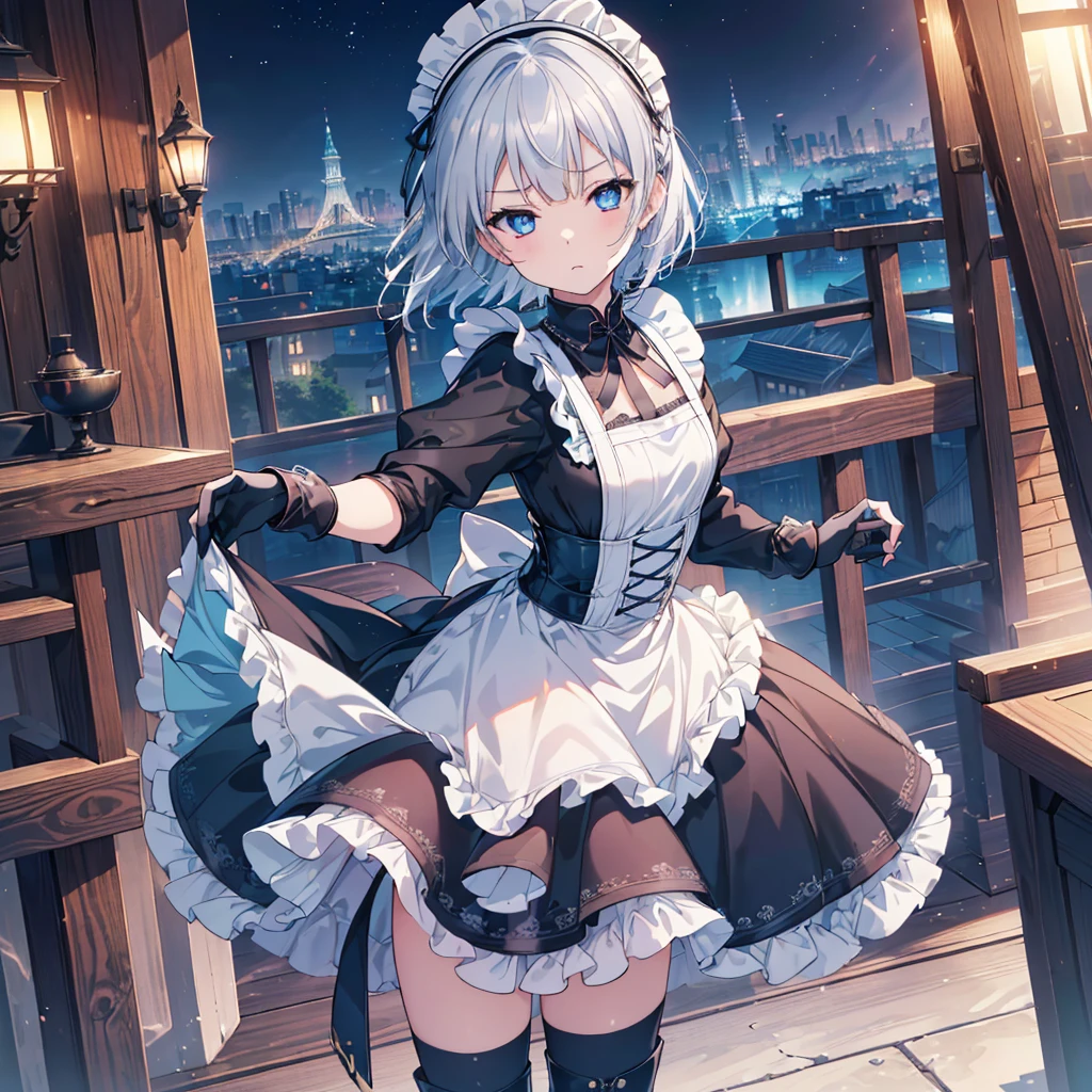 Perfect Human Medicine, {{{{{Maid clothes}}}}},Small Tits,Anime Assortment,Cool,cyber punk,{{{{{50 year old woman}}}}} ,{{{{{a person is depicted}}}}},(Official Art、{{{{{Upper Bodyアングル}}}}},Highest quality、Unity 8k wallpaper、32k、masterpiece、Ultra-detailed、Ultra-high resolution, Realistic、Recall,Grab your hair with your hands, Photorealistic:1.2)、(Cinema Lighting:1.2)、,Fire Glow Effect、The most grainy shadows on the film、Rim Light、Side light、Side Shot、(Ultra-detailedで複雑な3Dレンダリング)、Very short hair, Short wolf hair,細部までBeautiful Faceと目、Sharp pupils、Realistic生徒、Slender、１men and women、、white maid hat, Highly detailed background、Beautiful Face、Beautiful  girl、(Ultra-detailedなスキン、Detailed skin texture:1.Silver Hair:1.3)、Blunt bangs、blue eyes、{{{{{黒いMaid clothes}}}}}、White apron costume、Black knee socks、(Thighs Thighs Thighs Thighs:0.8)、Black Bhutan stick and beautiful night sky、Medieval city at night、On the roof of the tower:1.4)、(avert your eyes、Overlooking the city:1.3)、Fantastic、Expressionless,Makes your face smaller,(Tabletop), Highest quality, Expressionlessな目, Perfect Face, 1 Girl, alone, Eye color is light blue, Hair between the eyes, Very Short Hair, blue eyes, Silver Hair, Two-tone eyes, Knee-high boots, Archery Shooting Gloves, badge, corset,Black gloves, Long sleeve, Futuristic floating city, Upper Body,