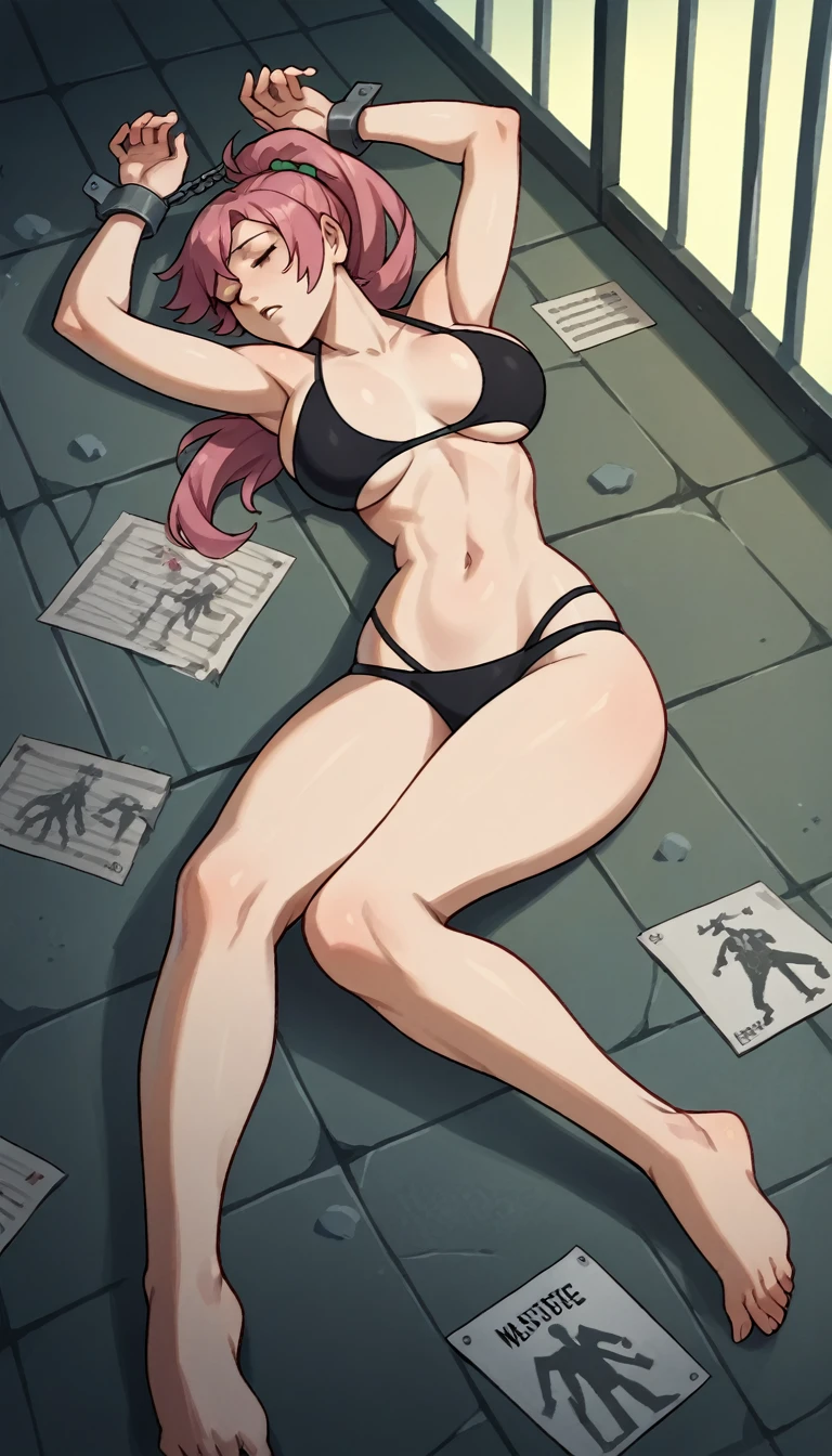 Masterpiece , best quality , Masterpiece , best quality , 1 woman , Embossed , Pink ponytail , be unconscious , black bikini , abdomen , big breasts , Long legs , Barefoot , Lie down on the floor.. , spread your legs , prison