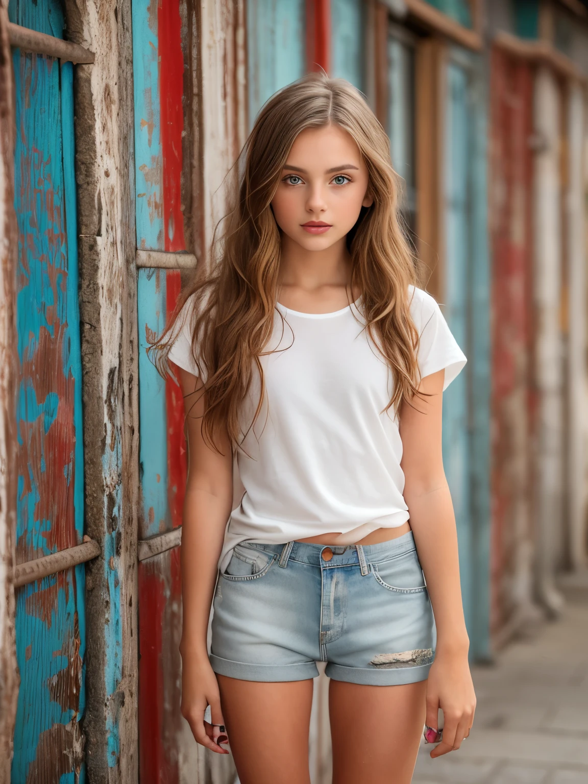 (tween Fashion model), full body, pale white girl, blueeyes, super long hair, waist length hair, skinny, thin, slim, lean, slender, nubile, posing for picture, natural lighting, armpits, perfect lips, symmetrical face, young, youthful, teen, teenager, heavy makeup, red lips, sheer tshirt, tiny jean shorts