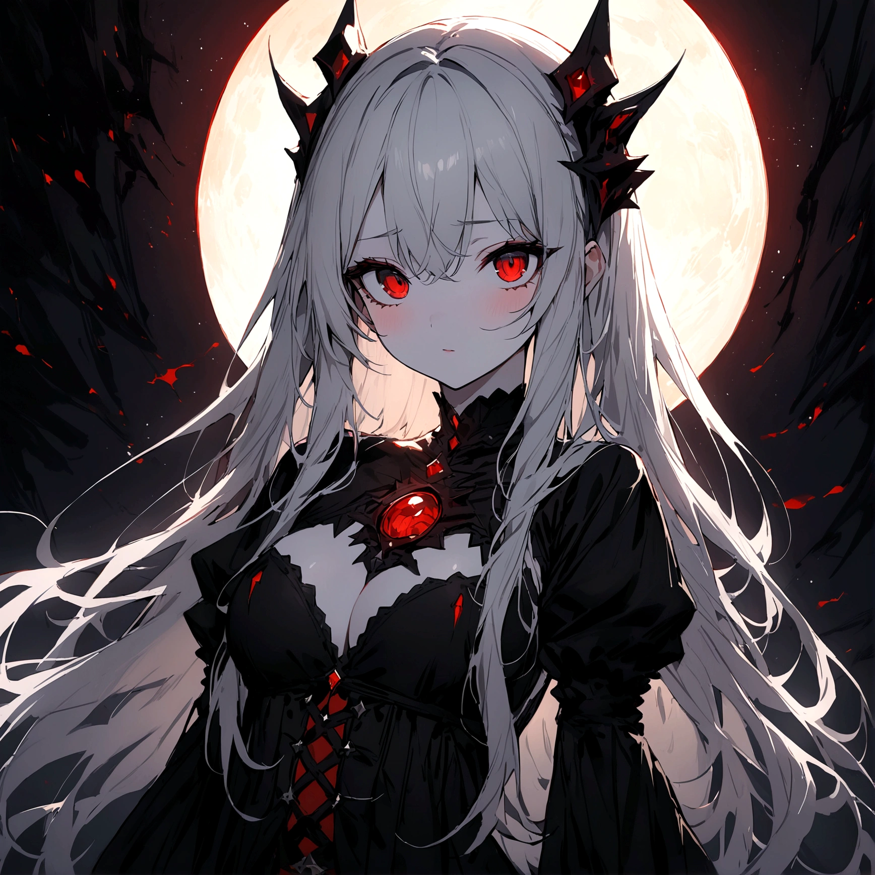 Highest quality, masterpiece, Ultra-high resolution, female、闇堕ち魔法少female、Silver Hair、Long Hair、Red eyes、Fair skin、Dark Costume、Distorted Dark Space
