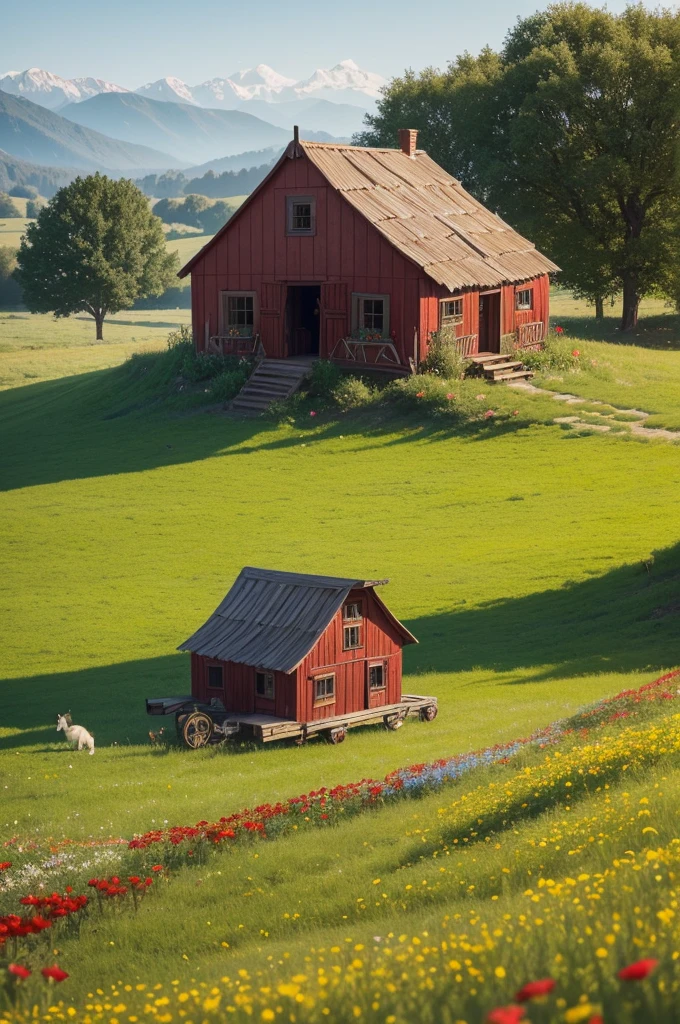 create an image of a dark red gypsy cart house with gold details and flowers, some white horses grazing nearby, in size 1024 by 576 pixels in a meadow of flowers,