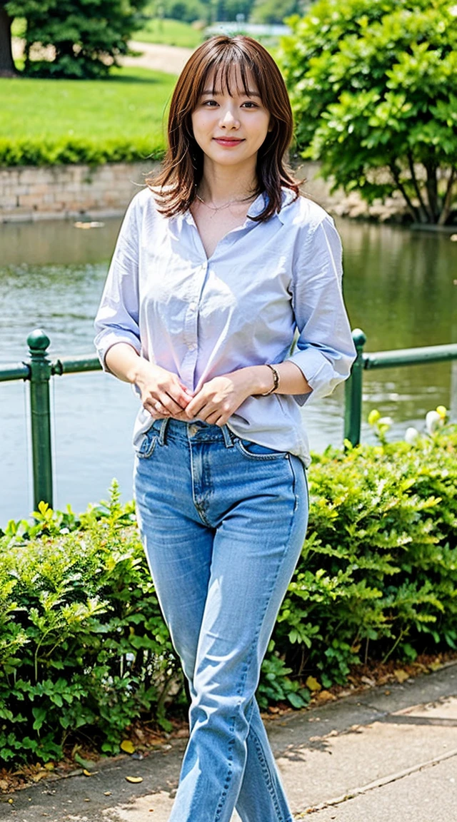 A beautiful woman in her 40s with clear eyes and nose。Good style、Her smile is cute as she turns around。The background is a pond in the park。Taking a walk on a nice day。He was wearing a white shirt with an open chest and jeans.。And white sneakers。