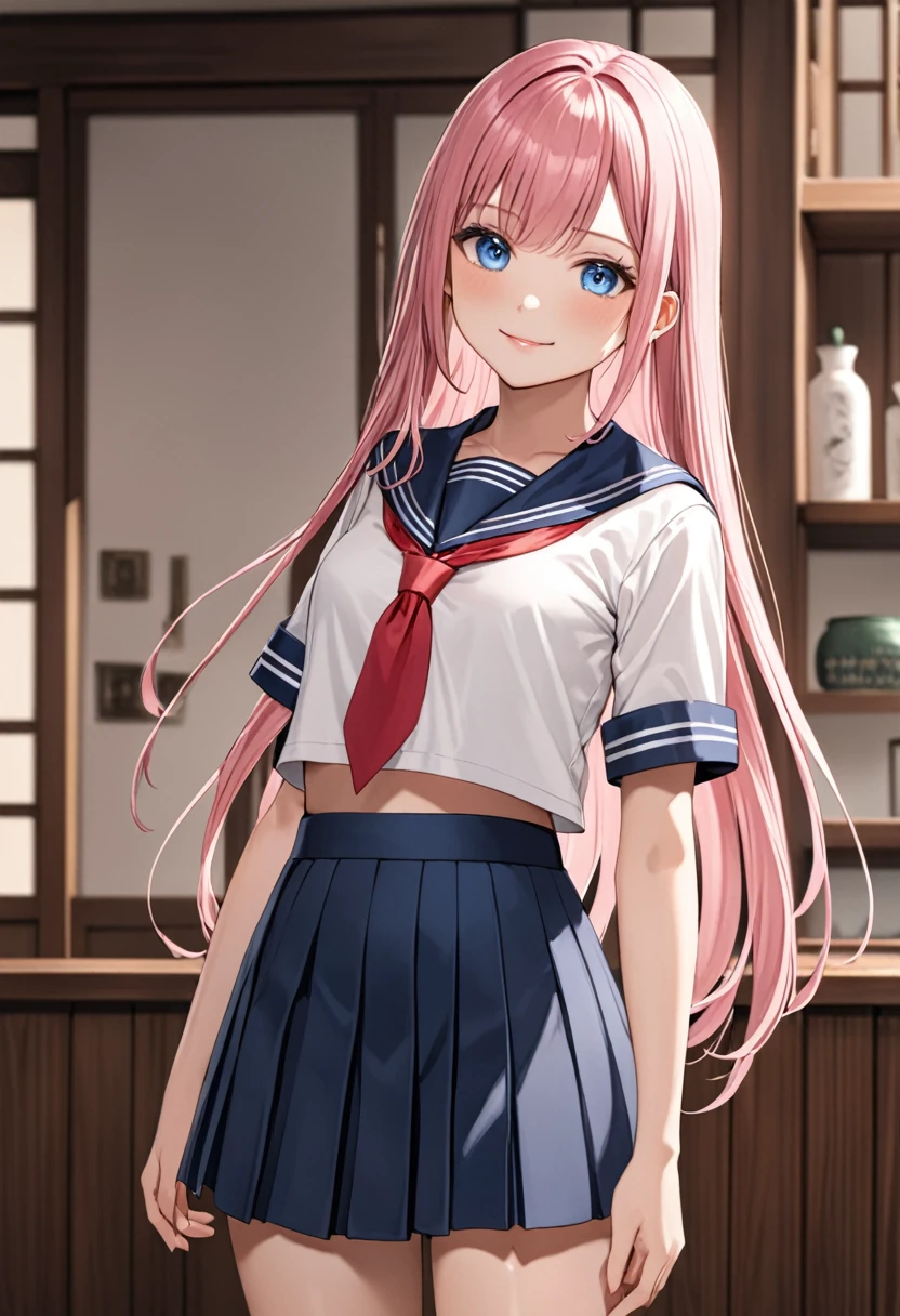 (masterpiece, top quality, very aesthetic, 4k、), intricate detail, 1girl,stand、(cowboy shot:1.4)、front view,light smile、
Cute 、pink hair、straight hair,middle hair,sidelock ,,blue eyes、serafuku、small breasts,Slim 、