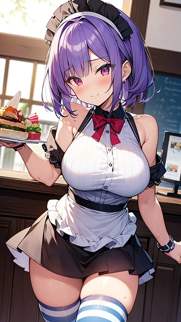 最high quality, high quality, Super detailed, 32k, Ultra-detailed details, waitress(only, Standing, pretty girl, beautiful purple hair, short hair, Beautiful RED eyes, mature, Big Breasts, A light smile, Off-the-shoulder sleeveless Summer メイド服, Summer casual maid clothes, Short skirt, Blue and white color striped underwear, Black knee socks, loafers, My crotch is wet with love juice, 18-year-old,cute), {{A succubus disguised as a waitress approached the target man&#39;s sister, peeled off the skin of the sister&#39;s face, and stuck it on her own face, becoming the waitress succubus&#39;s face., The hem of her skirt is lifted high, exposing her underwear}}, She has transformed from a shy maid into a lewd one., A maid with her sister&#39;s face stuck on her face is vigorously pistoning her body, A maid who moves her body vigorously without caring if her breasts bounce, Super detailed, indoor, Full body image, ((Head to Toe:1.3)), NSFW